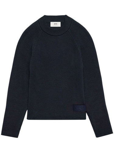 AMI Pull Col Rond en Laine Coton Bleu nuit