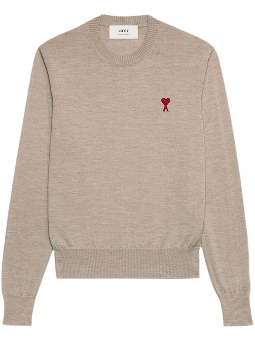 AMI Pull Col Rond en Laine Ami de Coeur Champagne