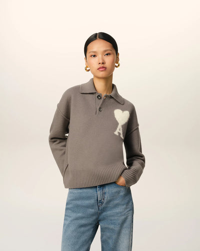 AMI Femme Polo Ami de Coeur en Laine Ecru Cendre