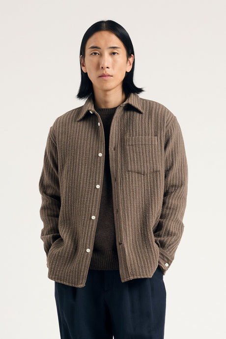 Norse Projects Surchemise Ole Wool Stripe Seal Brown