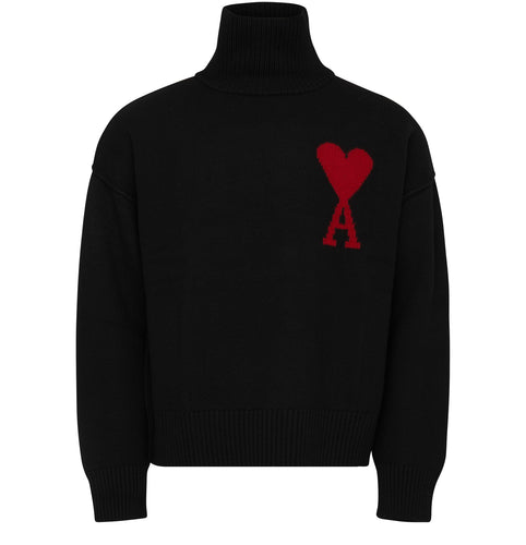 AMI Pull Col Roulé Boxy Ami de Coeur en Laine Noir