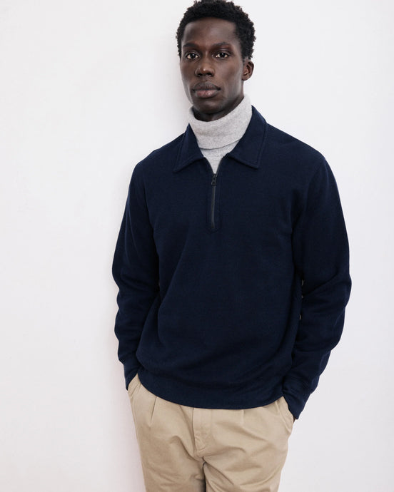 Hartford Sweatshirt Polo Zippé en Coton Laine Bleu Marine