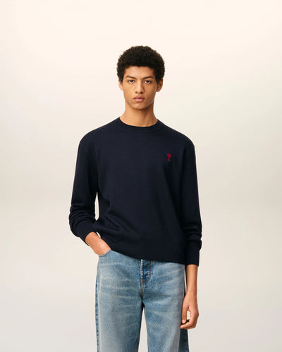 AMI Pull Col Rond Ami de Coeur en Laine Marine