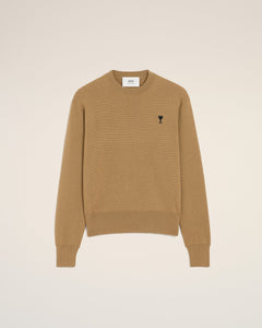 AMI Pull Col Rond Ami de Coeur en Laine Camel Noir