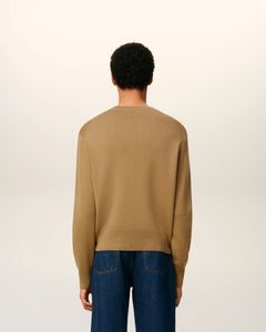 AMI Pull Col Rond Ami de Coeur en Laine Camel Noir
