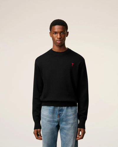 AMI Pull Col Rond Ami de Coeur en Laine Noir Rouge
