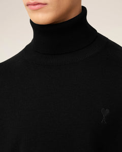 AMI Pull Col Roulé Ami de Coeur en Laine Noir