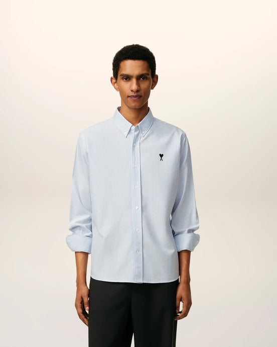 AMI Chemise Ami de Coeur Noir Oxford Rayé Bleu Ciel
