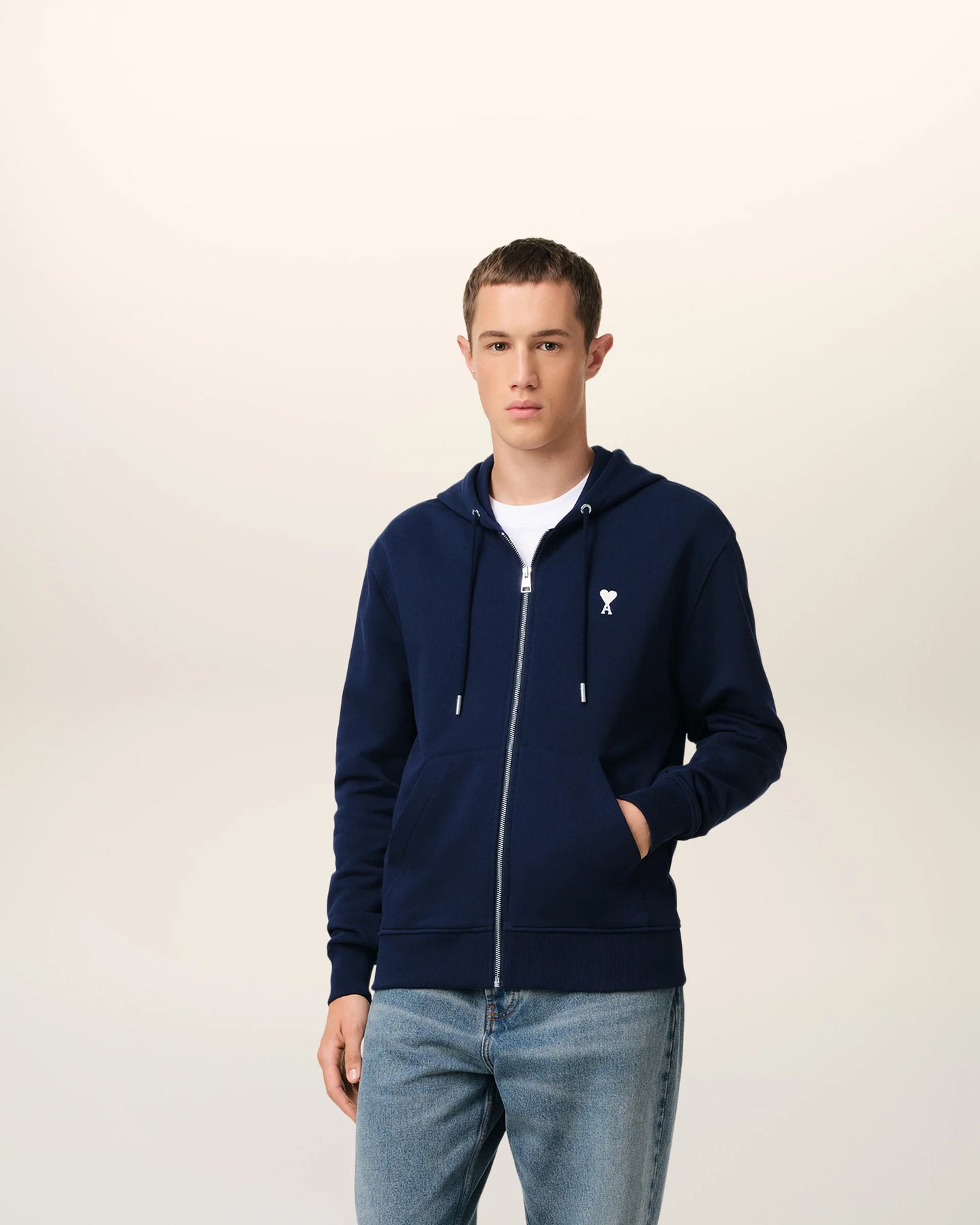 AMI Hoodie Ami de Coeur Ecru Zip Bleu Nuit