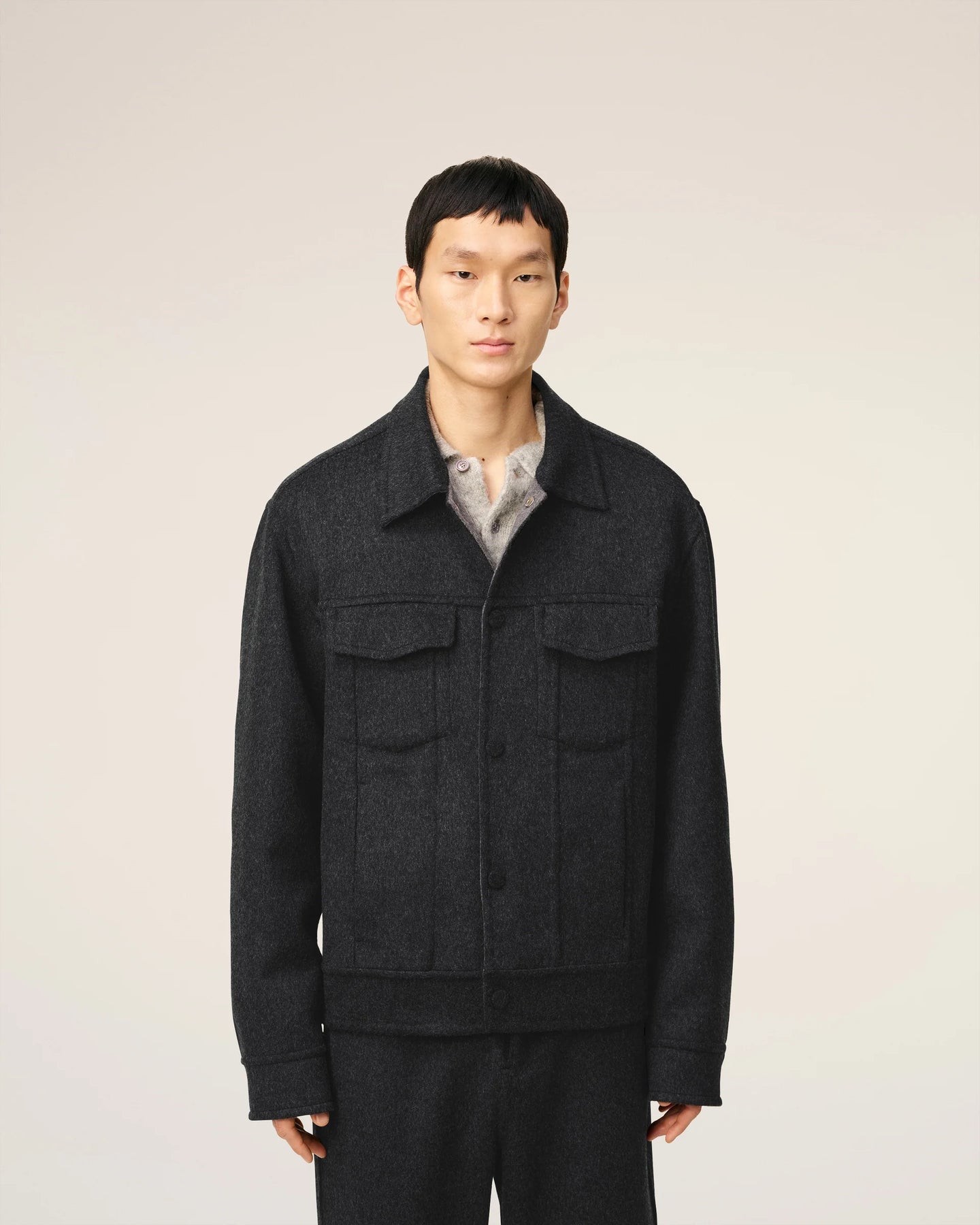 AMI Veste Trucker en Laine Double Face Anthracite
