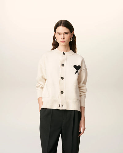 AMI Femme Cardigan Ami de Coeur en Laine Ecru Noir