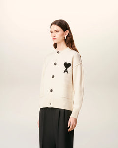 AMI Femme Cardigan Ami de Coeur en Laine Ecru Noir