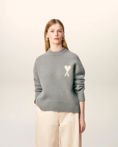 AMI Femme Pull Ami de Coeur en Alpaga Gris Ecru