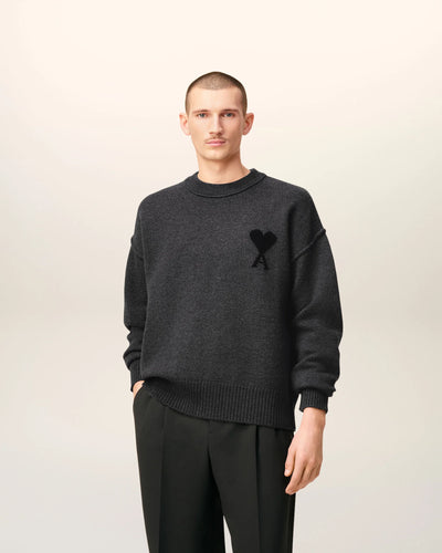 AMI Pull Ami de Coeur en Laine Gris Noir