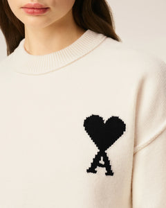 AMI Femme Pull Ami de Coeur en Laine Ecru Noir