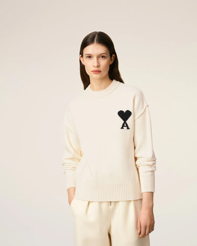 AMI Femme Pull Ami de Coeur en Laine Ecru Noir