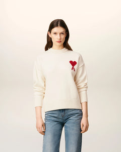 AMI Femme Pull Ami de Coeur en Laine Ecru Noir Rouge