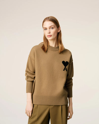AMI Femme Pull Ami de Coeur en Laine Camel Noir