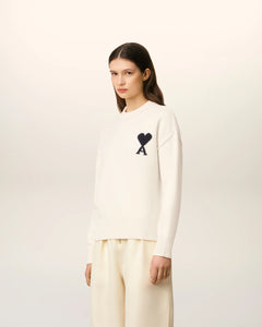 AMI Femme Pull Ami de Coeur en Laine Ecru Noir