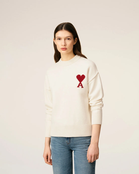 AMI Femme Pull Ami de Coeur en Laine Ecru Noir Rouge
