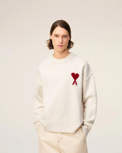 AMI Pull Ami de Coeur en Laine Ecru Rouge