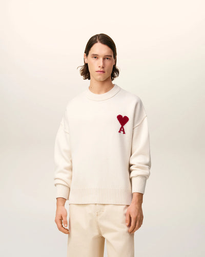 AMI Pull Ami de Coeur en Laine Ecru Rouge