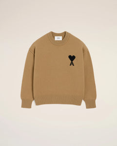 AMI Pull Ami de Coeur en Laine Camel Noir