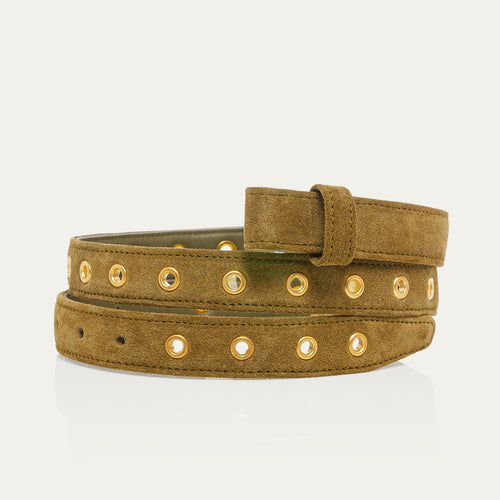 Claris Virot Ceinture Baby Sans Boucle Veau Velours avec Oeillets Olive