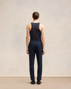 AMI Pantalon Taille Elastiquée en Laine Bleu Marine