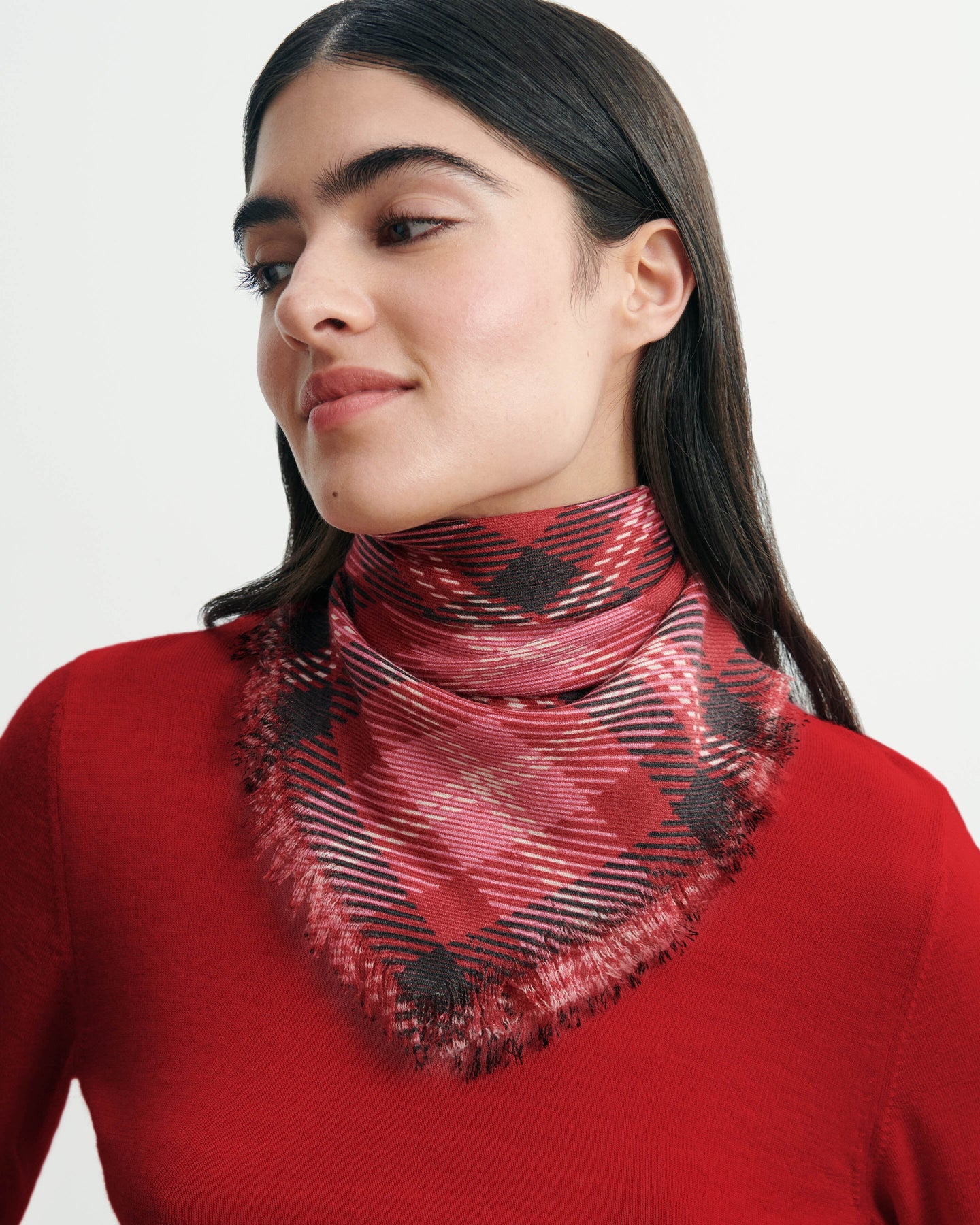 Eric Bompard Foulard Mini Carré en Cachemire Tartan Rouge Tango