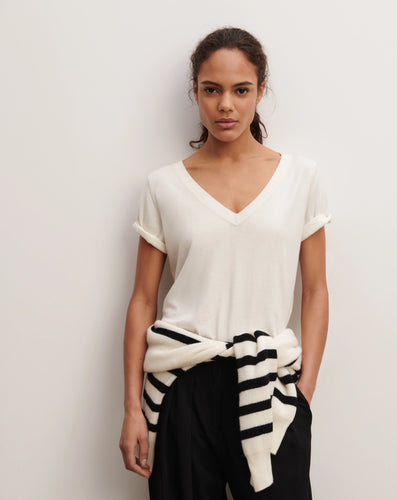 Eric Bompard T-Shirt Col V en Coton Cachemire Naturel