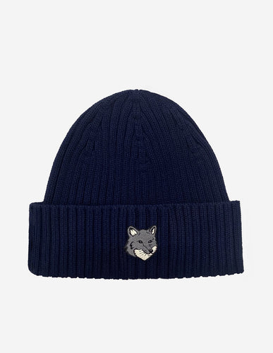 Maison Kitsuné Bonnet Large en Laine Fox Head Navy