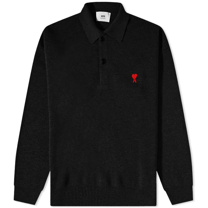 AMI Pull Polo Ami de Coeur en Laine Noir